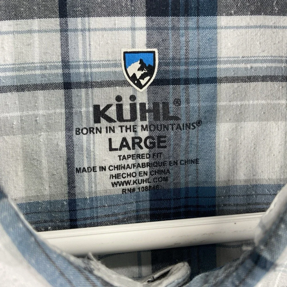 KUHL Shirt Mens Large STYK Button Up Blue Plaid Short Sleeve Pockets Outdoor